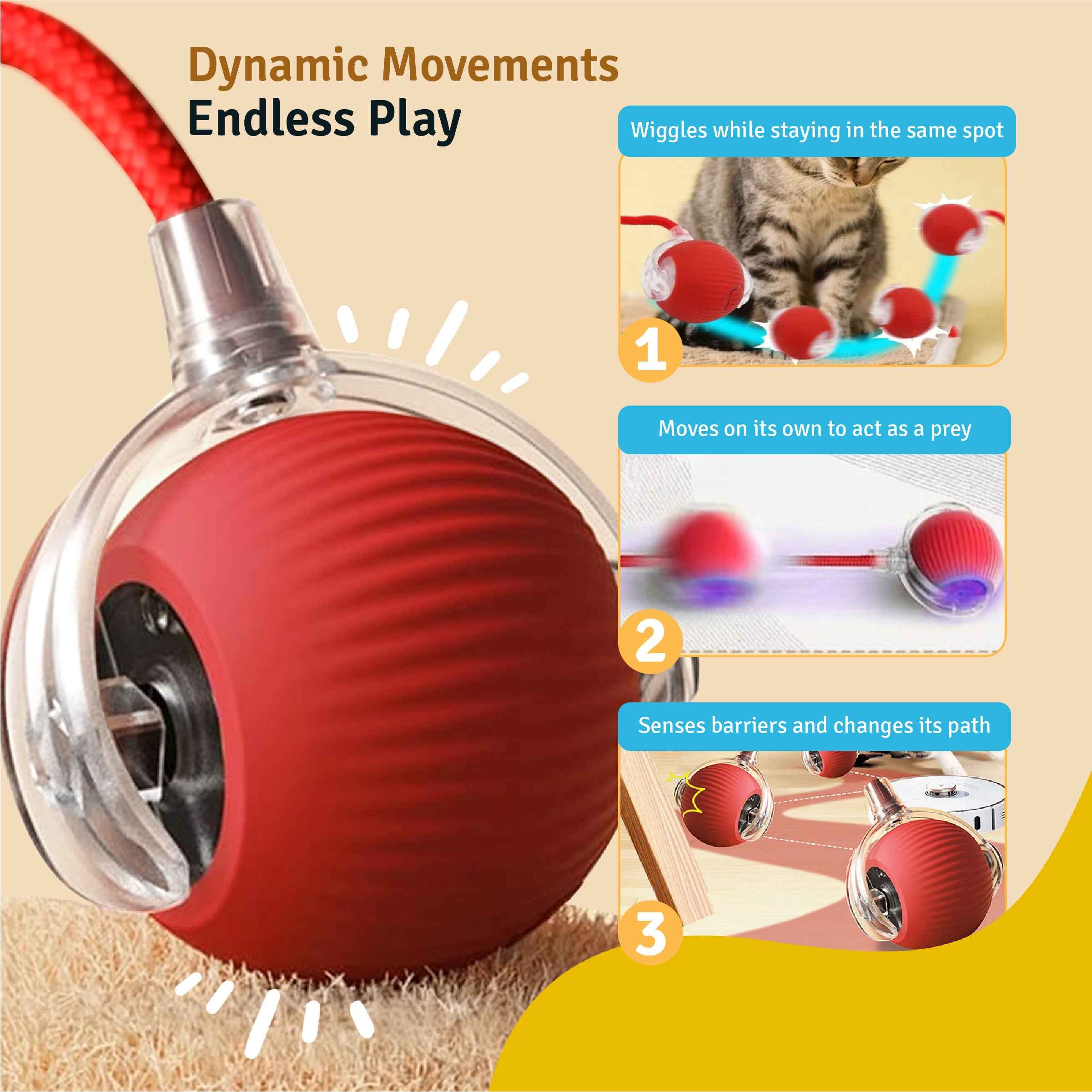 Interactive Teasing Toy Ball for Cats – Red | Rolling Play Toy | Chase & Hunt Fun | Active Play Exercise