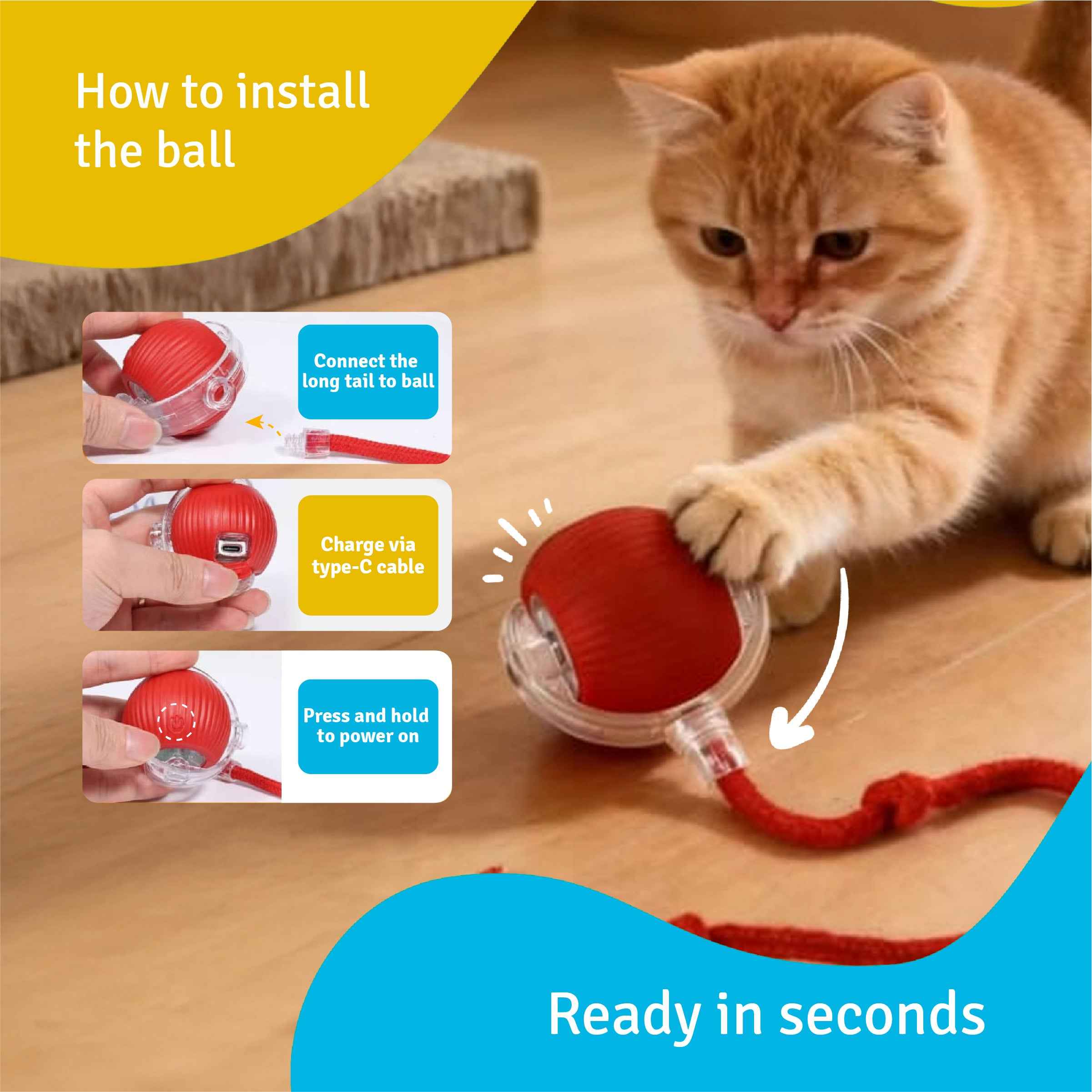 Interactive Teasing Toy Ball for Cats – Red | Rolling Play Toy | Chase & Hunt Fun | Active Play Exercise