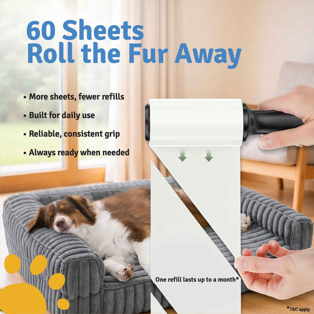Lint Roller for Pet Hair – 1 Reusable Handle + 4 Refills | 300 Sheets | 60 Sheets per Roll