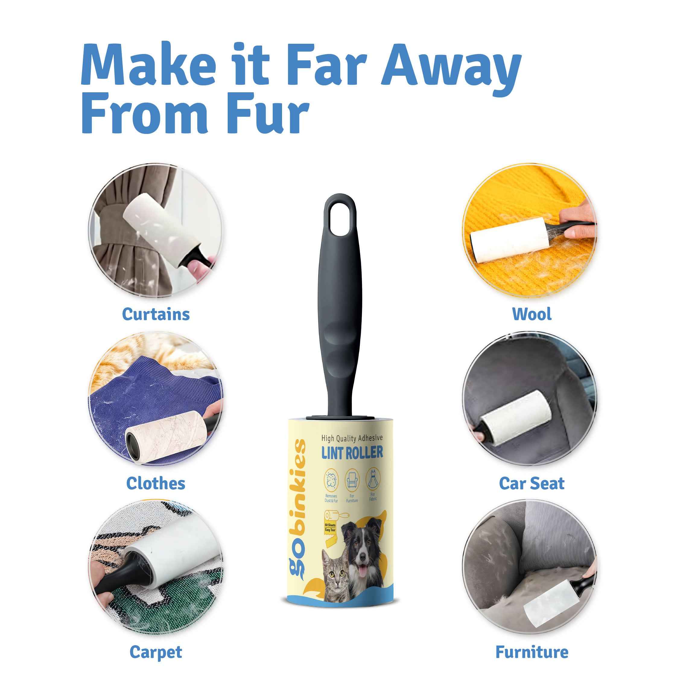 Lint Roller for Pet Hair – 1 Reusable Handle + 4 Refills | 300 Sheets | 60 Sheets per Roll