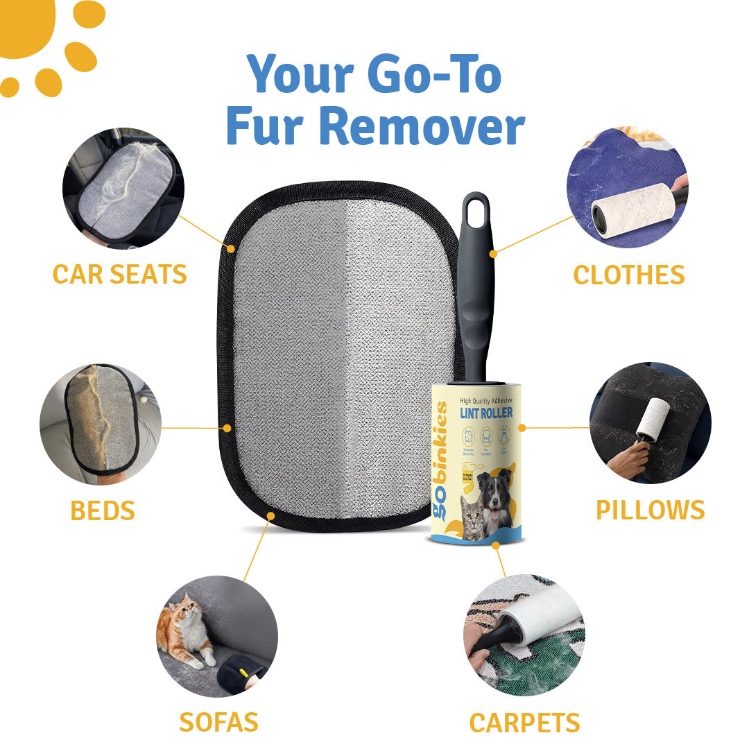 Gobinkies Pet Hair Remover Combo | Lint Roller + Reusable Lint Gloves for Clothes, Sofa & Furniture